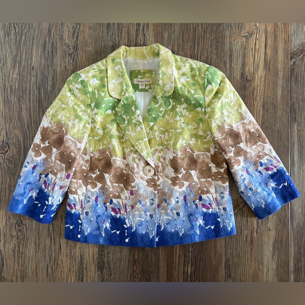 Coldwater Creek Blazer Jacket Women’s 8 Ombre Floral Abstract Artsy 3/4 Sleeves
